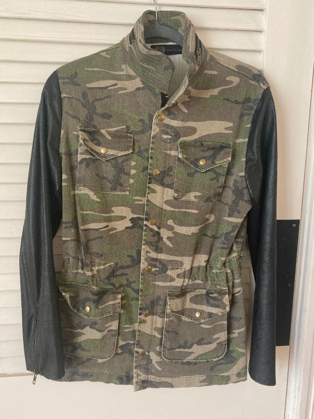 JET John Eshaya camouflage utility jacket with black leather sleeves size P/S